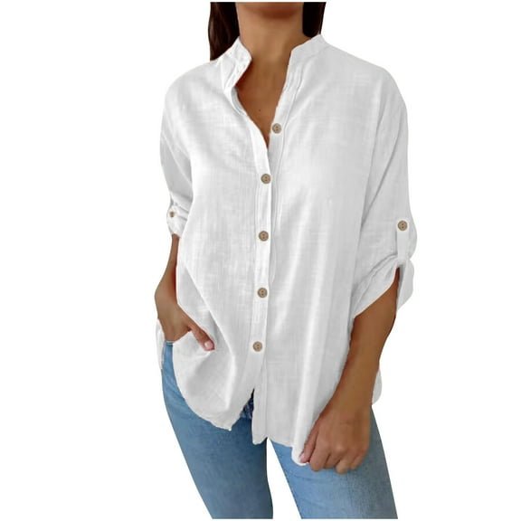 Maean Women Cotton Linen Tops Button down Loose Shirts Collared V Neck Causal Blouse for Beach Vacation
