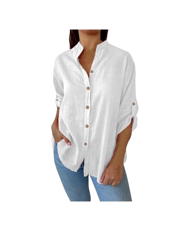 Women Cotton Linen Tops Button down Loose Shirts Collared V Neck Casual Blouse for Beach Vacation