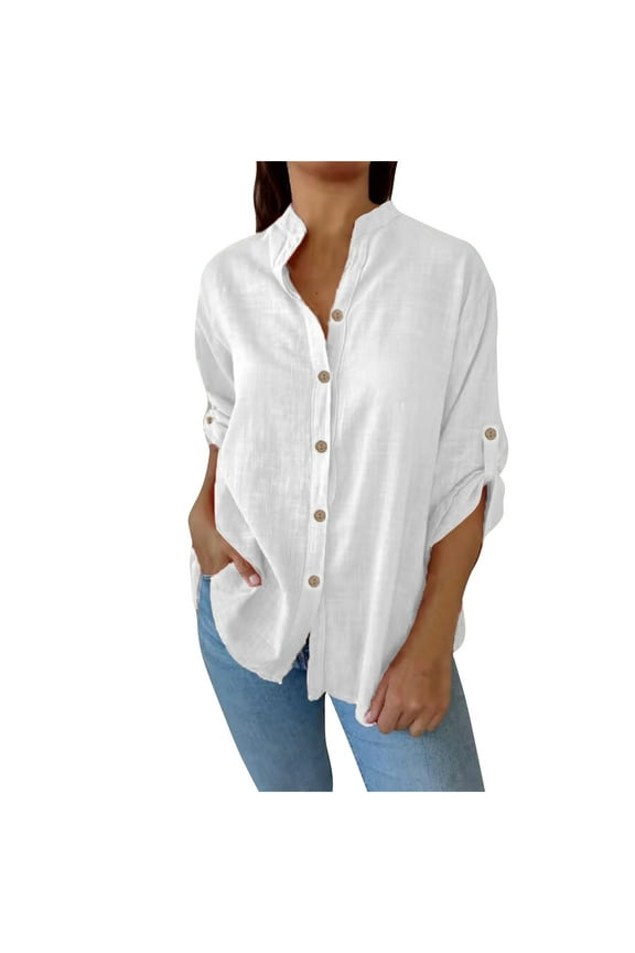 Women Cotton Linen Tops Button down Loose Shirts Collared V Neck Causal Blouse for Beach Vacation