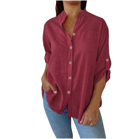 Maean Women Cotton Linen Tops Button down Loose Shirts Collared V Neck Causal Blouse for Beach Vacation