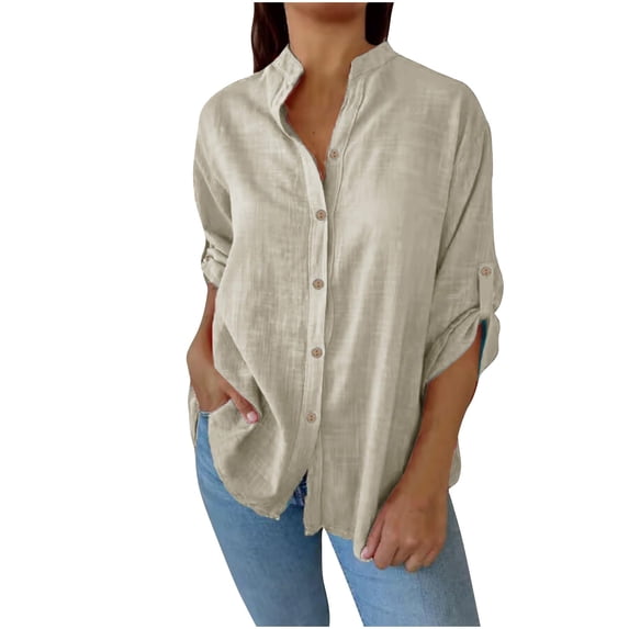 Maean Women Cotton Linen Tops Button down Loose Shirts Collared V Neck Causal Blouse for Beach Vacation