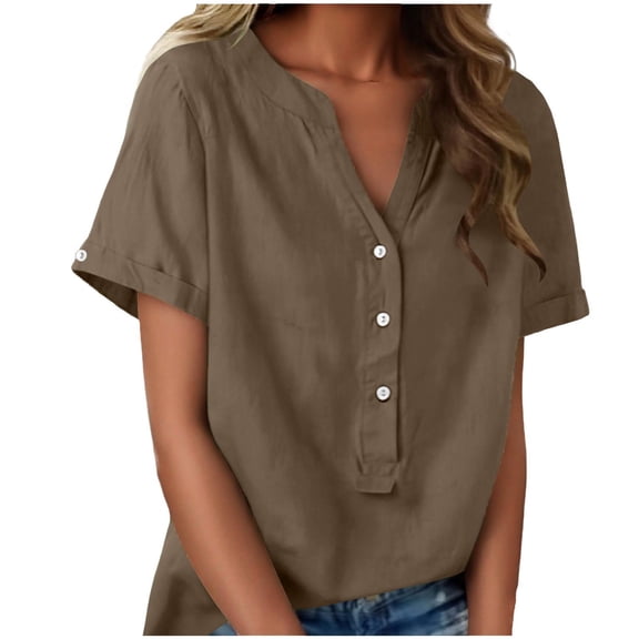 Maean Women Cotton Linen Tops V Neck Buttons Beach Vacation Summer Blouse Casual Oversized Outfits