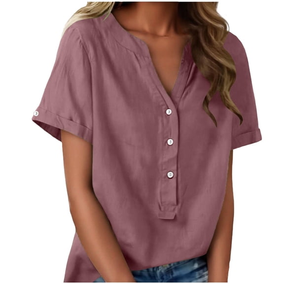 Maean Women Cotton Linen Tops V Neck Buttons Beach Vacation Summer Blouse Casual Oversized Outfits