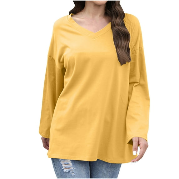 Maean Women Cotton Long Sleeve Shirts Basic Casual Tee Loose Fall Solid Color Soft Comfy Tops for Womens
