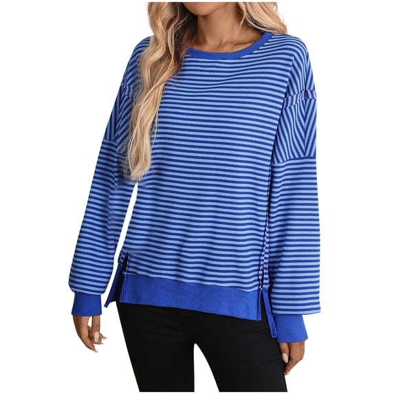 Maean Women Cotton Long Sleeve Tops Striped Oversized Baggy Lightweight Sweatshirt Crew Neck Pullover Shirts
