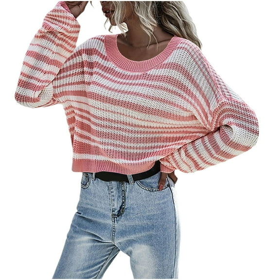 Maean Women Crop Sweaters Striped Knitted Long Sleeve Round Neck Pullover Fall Winter Loose Sweater