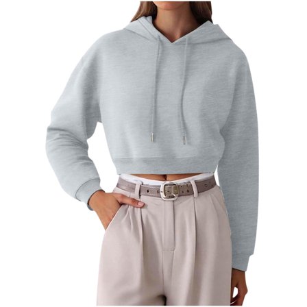 Maean Women Crop Top Hoodie Sweatshirt Loose Long Sleeve Solid Color Casual Drawstring Sweatshirts