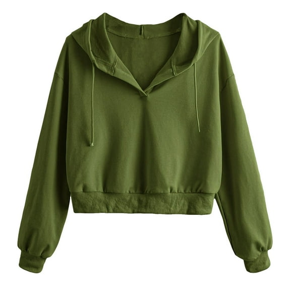 Maean Women Crop Top Hoodie Sweatshirt V Neck Long Sleeve Solid Color Casual Drawstring Sweatshirts