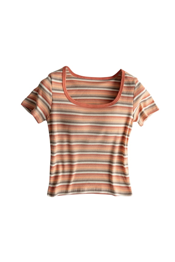 Women Crop Top Square Neck Short Sleeve Striped Shirts Ladies Girls Cute Summer Slim Tshirts