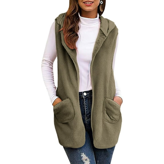Maean Women Fleece Vest Jacket Hoodie Loose Sleeveless Cardigan Fuzzy Fall Winter Coat with Pockets
