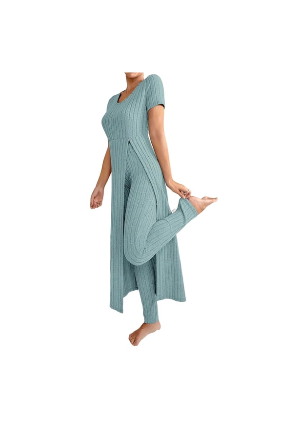 Women Lounge Set 2 Piece Short Sleeve Oversize Long Tops and Knit Leggings Pants Sweatsuits