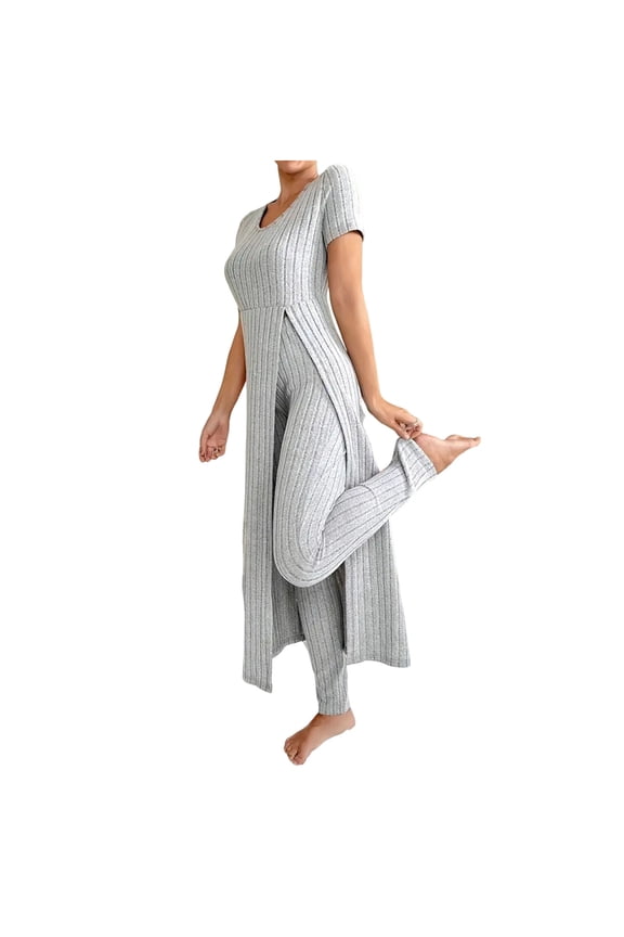 Women Lounge Set 2 Piece Short Sleeve Oversize Long Tops and Knit Leggings Pants Sweatsuits