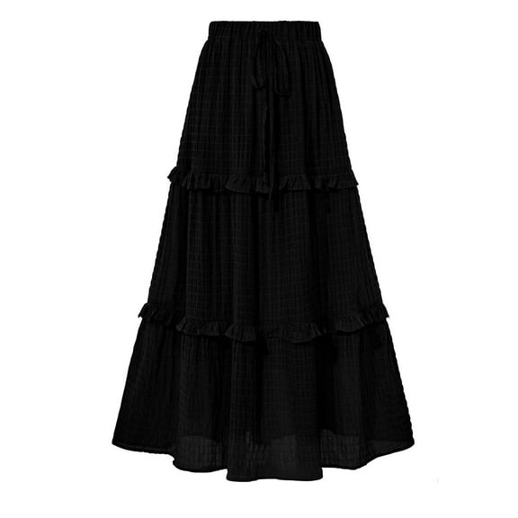 Maean Women Maxi Skirts High Elastic Waist Tiered Flowy A Lined Pleated Beach Boho Skirt Dress