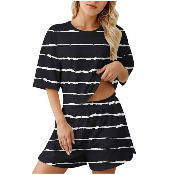 Maean Women Pajamas Set 2 Piece Striped Pjs Shorts Short Sleeve Tops Sleepwear Loungewear Loose Comfortable Sets