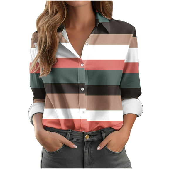 Maean Women Plus Size Button down Shirts Striped Long Sleeve Collared Tops Casual Office Blouse S-5XL
