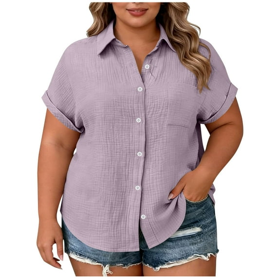 Maean Women Plus Size Button down Shirts with Pocket Summer Beach Vacation V Neck Collared Tops L-4XL