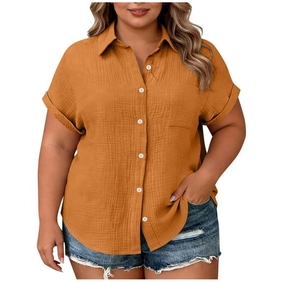Maean Women Plus Size Button down Shirts with Pocket Summer Beach Vacation V Neck Collared Tops L-4XL