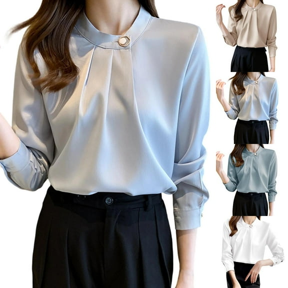 Maean Women Satin Silky Blouse Mock Neck Pleated Pullover Dressy Shirts Work Office Business Tops