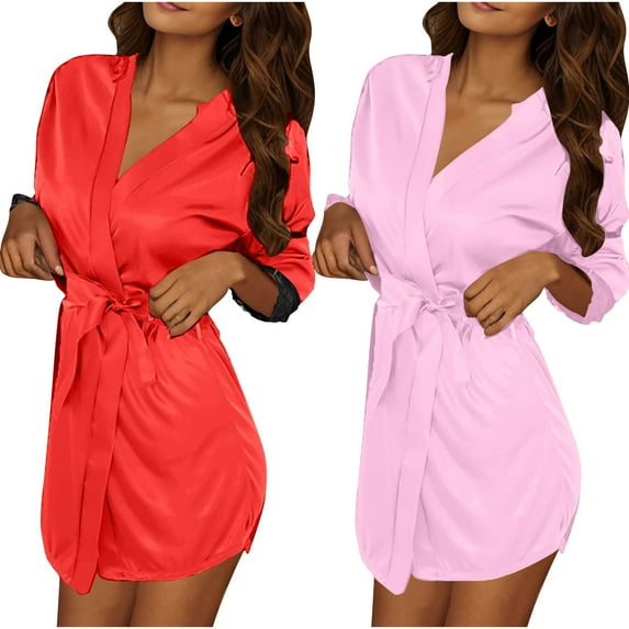 Maean Women Satin Silky Robe Short Bathrobe Lightweight Wedding Robes for Party Loungewear 2 Pack