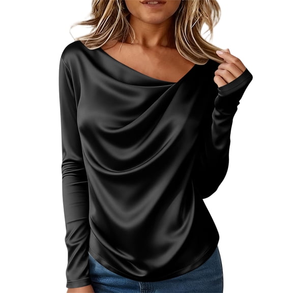 Maean Women Satin Tops Cowl Neck Long Sleeve Elegant Fashion Dressy Shirts Work Office Business Blouse
