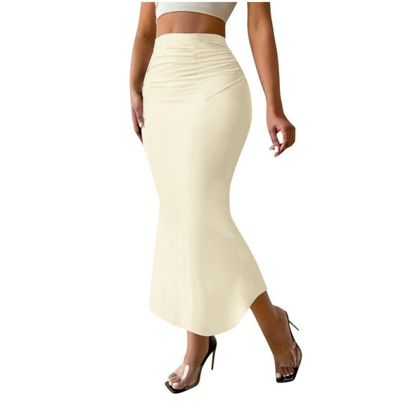Maean Women Skirts High Waist Ruched Slim Maxi Skirt Casual Stretchy Solid Color Dressy Long Skirts