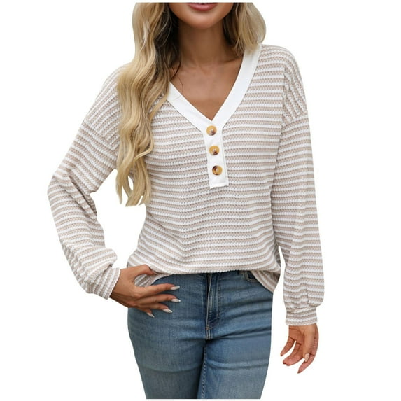 Maean Women Striped Tops Button V Neck Pullover Casual Dressy Blouse Fall Trendy Fashion Clothes