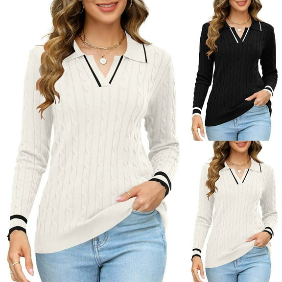 Maean Women Sweaters V Neck Collared Knitted Long Sleeve Pullover Tops Casual Dressy Tunic Sweater for Fall Winter