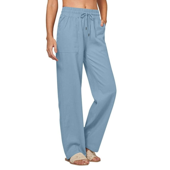 Maean Women Wide Leg Palazzo Pants Cotton Linen Drawstring Pant Elastic Waist Trousers with Pockets