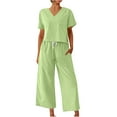 thumbnail image 1 of Maean Women's 2 Piece Outfits Cotton Linen Tracksuit Short Sleeve V Neck Tops and Casual Wide Leg Pants Sets, 1 of 5