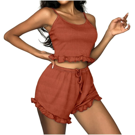 Maean Women's 2 Piece Outfits Knit Sets Ruffled Hem Camisole Crop Tops and Drawstring Waist Shorts Sleepwear Set