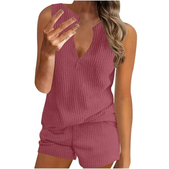 Maean Women's 2 Piece Outfits Trendy Comfy Sleeveless Deep V Neck Tops and Wide Leg Loose Shorts Business Work Sets