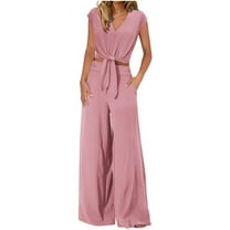 Maean Women's 2 Piece Outfits Trendy V Neck Short Sleeve Crop Top Wide Leg Long Pants with Pockets Casual Sets