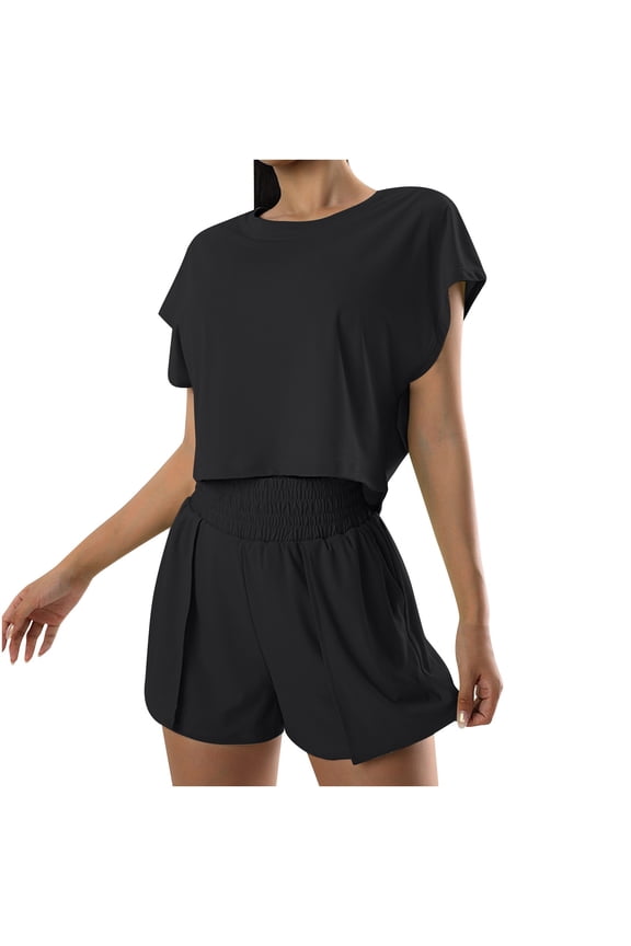 Women's Athletic Outfit 2 Piece Set Quick Dry Short Sleeve Crop Tops and High Waist Shorts Pockets Tracksuit