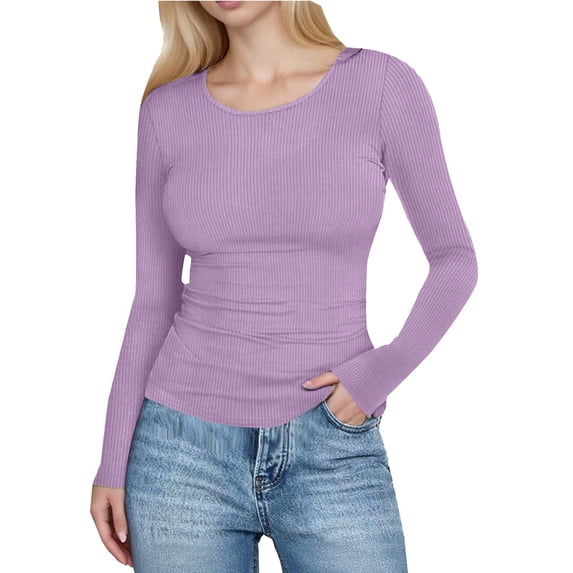 Maean Women's Basic Shirts Ribbed Scoop Neck Long Sleeve Slim Tee Undershirt Soft Layered Stretch