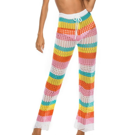 Maean Women's Beach Pants Hollow out Drawstring Elastic High Waist Knitted Pants Sexy Wide Leg Summer Pants