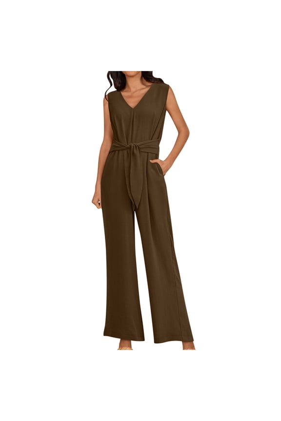 Women's Business Casual Jumpsuits V Neck Wide Leg Tied Sleeveless Rompers Long Work Pants with Pockets