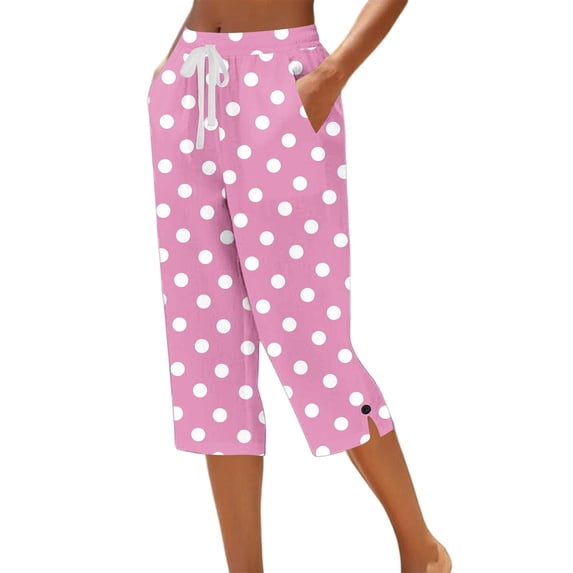 Maean Women's Capri Pants Polka Dots Straight Leg Elastic Waist Drawstring Trousers Casual Capris Pant