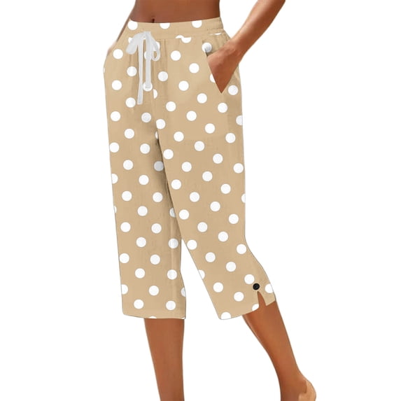 Maean Women's Capri Pants Polka Dots Straight Leg Elastic Waist Drawstring Trousers Casual Capris Pant