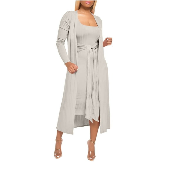 Maean Women's Cardigan Lace-up Sets Long Sleeve Square Neck Tunic Dresses Trendy Fall Winter Solid Color Bodycon