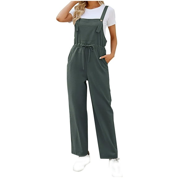 Maean Women's Casual Loose Rompers with Pockets Drawstring Wide Leg Jumpsuits Elastic Waist Tank Top Long Pants