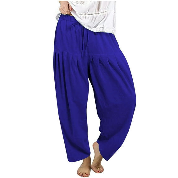 Maean Women's Casual Pants Cotton Linen Wide Leg Elastic High Waist Drawstring Ankle Pleated Trousers