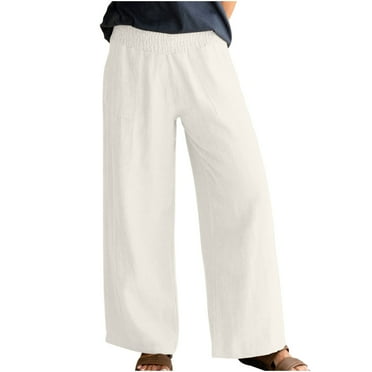 Maean Women's Casual Pants Loose Cotton Linen Wide Leg Elastic Waist Solid Color Plus Size Comfy Trouser