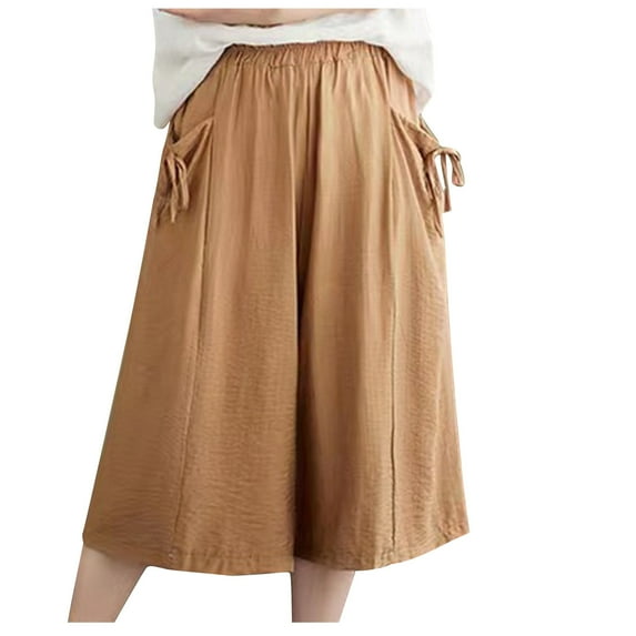 Maean Women's Casual Shorts Cotton Linen Wide Leg Pleated Dressy Elastic High Waist Baggy Solid Color