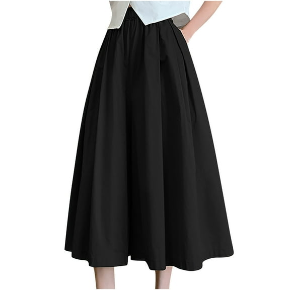 Maean Women's Casual Skorts Elastic High Waisted Comfy Pleated Dress Trendy Wide Leg Baggy Skirt Pants with Pockets