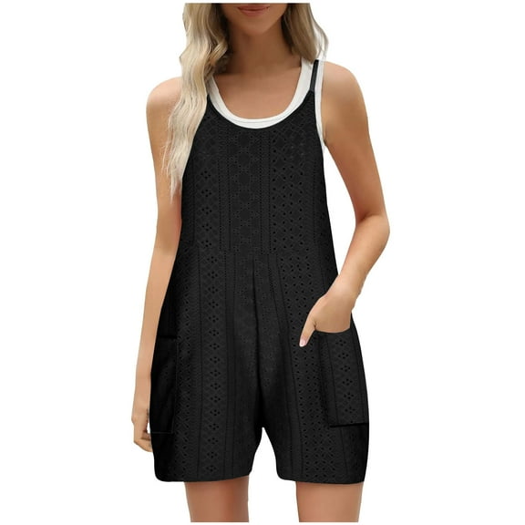 Maean Women's Casual Sleeveless Jumpsuit Shorts with Pockets Hollow out Breathable Wide Leg Scoop Neck Rompers