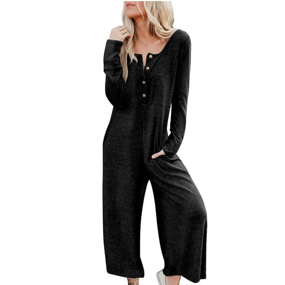 Maean Women's Casual Wide Leg Jumpsuits Long Sleeve V Neck Button Home Rompers Long Pants with Pockets