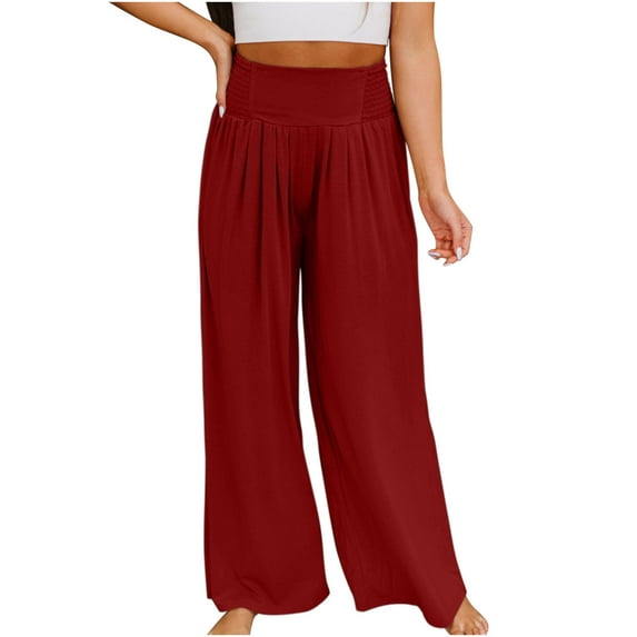 Maean Women's Casual Wide Leg Pants Elastic High Waist Loose Pleated Home Outdoor Solid Color Trousers