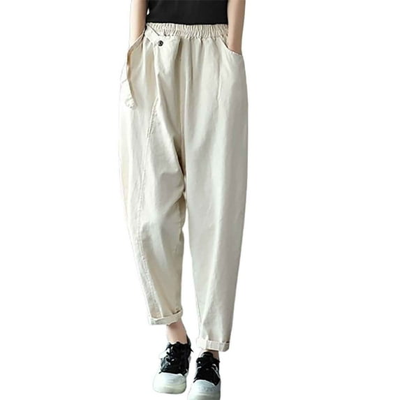 Maean Women's Casual Work Pants with Pockets Elastic High Waist Wide Leg Loose Side Button Tapered Trousers