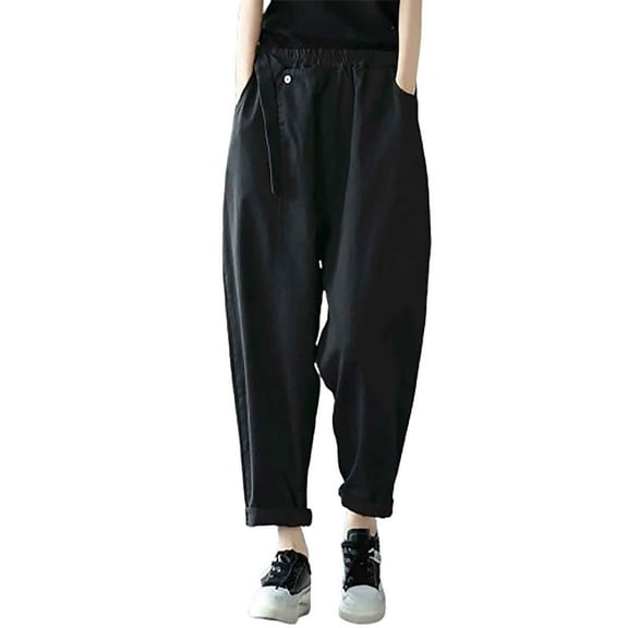 Maean Women's Casual Work Pants with Pockets Elastic High Waist Wide Leg Loose Side Button Tapered Trousers