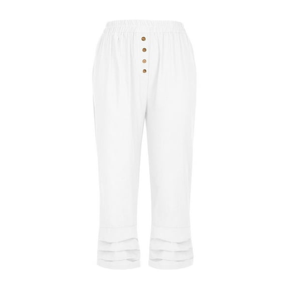 Maean Women's Cotton Linen Capris Pants Casual Elastic Waist Ruffle Hem Loose Button Pleated Trendy Trousers